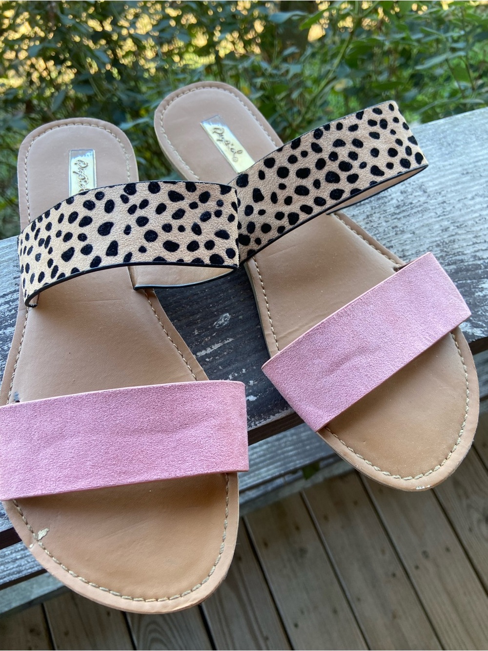 Qupid Pink Suede & Leopard Print Two-Strap Slide Sandals